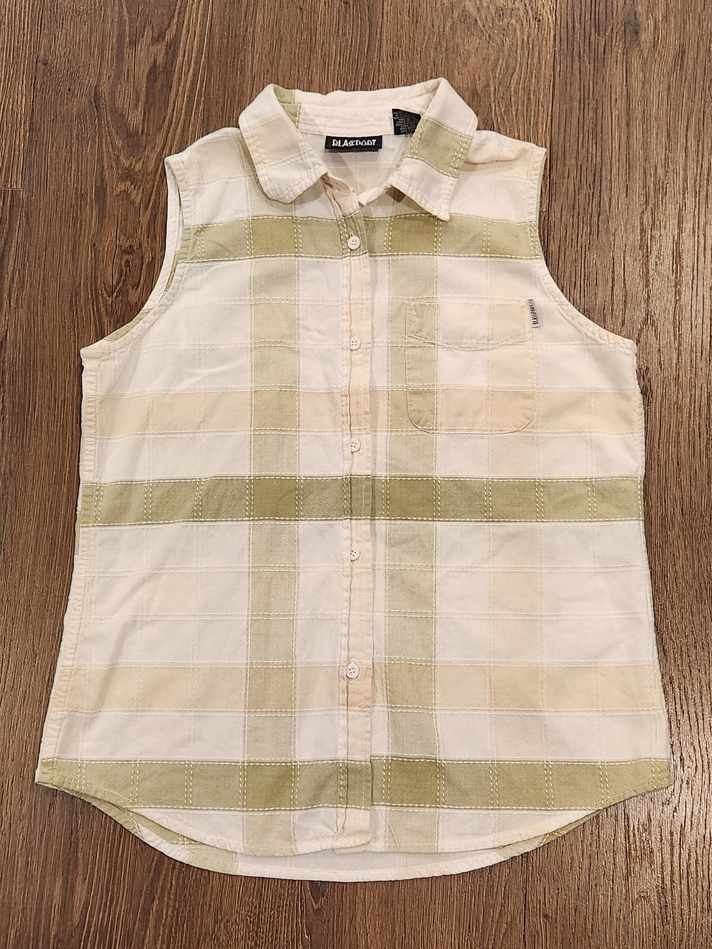 Vintage Blassport 100% Cotton Sleeveless Shirt - Sage & Cream Plaid Medium